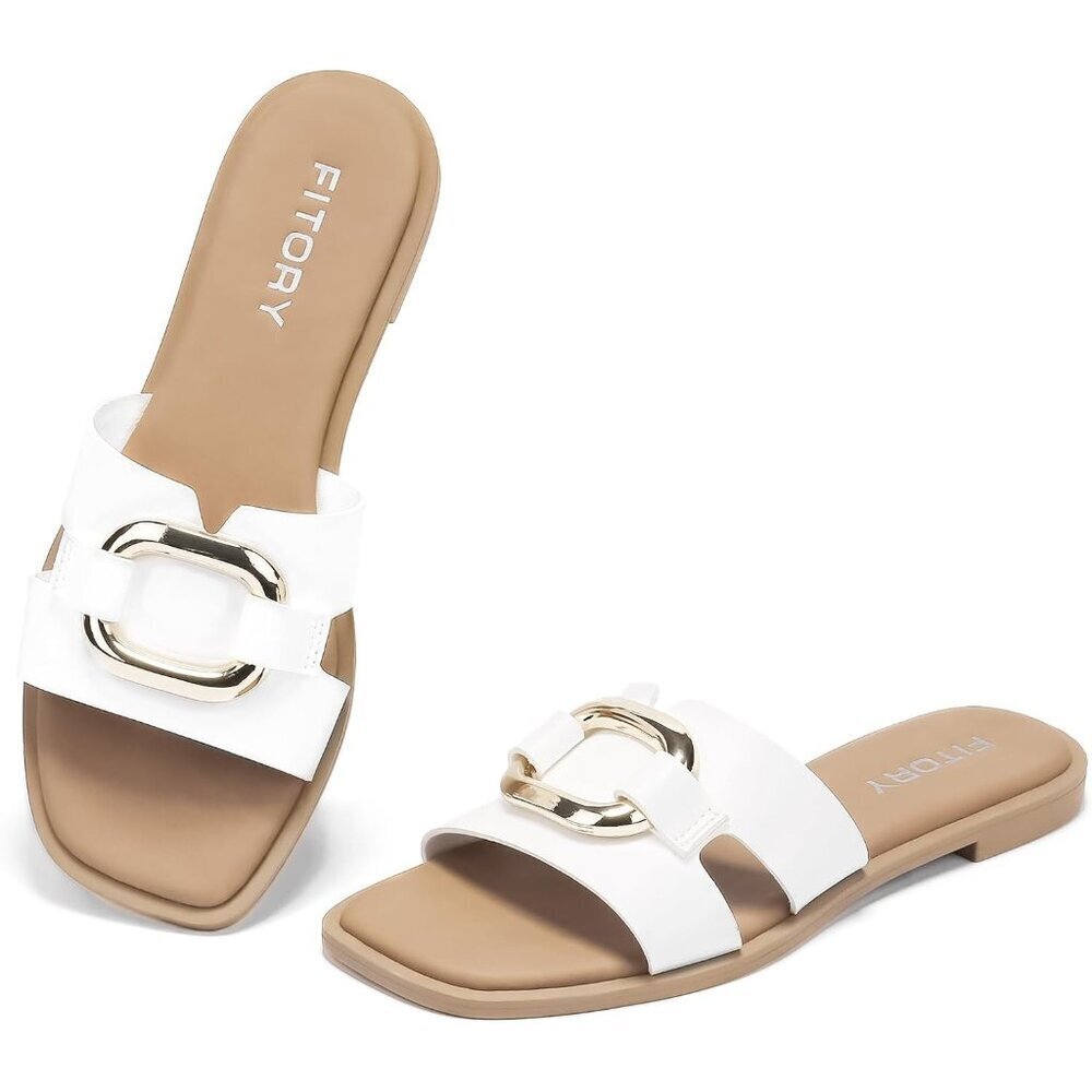 Women's White Square Open Toe Slides PU Strap Metal Chain Slippers Flat Sandals